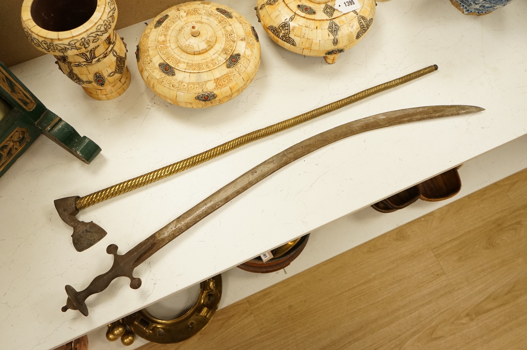Indian tulwar and axe-head instrument-83cm long